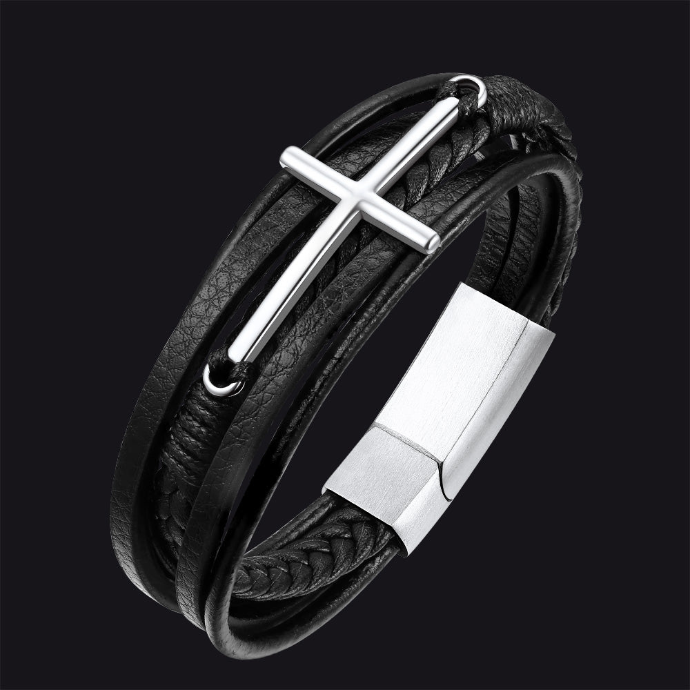 Viking Black Engraved Leather Braided Wristband Bracelet for