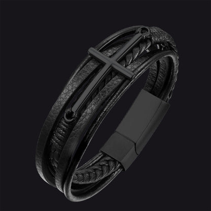 Viking Black Engraved Leather Braided Wristband Bracelet for