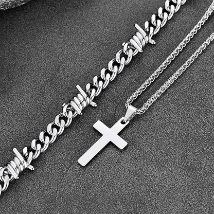 Barbed Wire Cuban Chain & Cross Layered Necklaces Set for