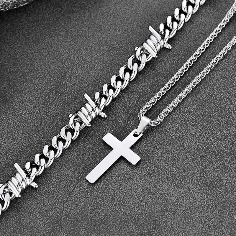 Barbed Wire Cuban Chain & Cross Layered Necklaces Set for