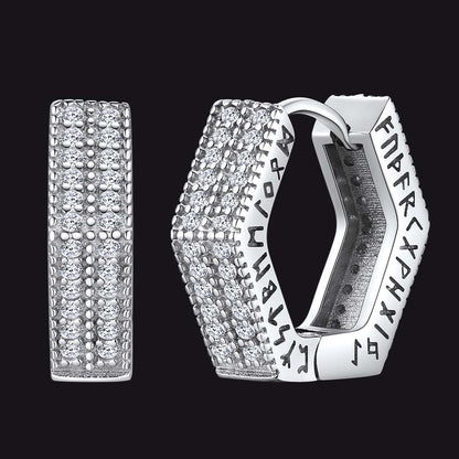 Hexagon Viking Diamond Hoop Earrings With Runes for