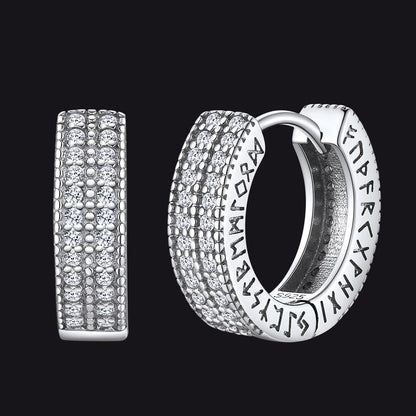 Sterling Silver Diamond Hoop Earrings With Viking Runes for