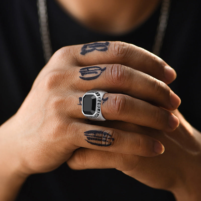 Customized Black Onyx Ring With Viking Runes for