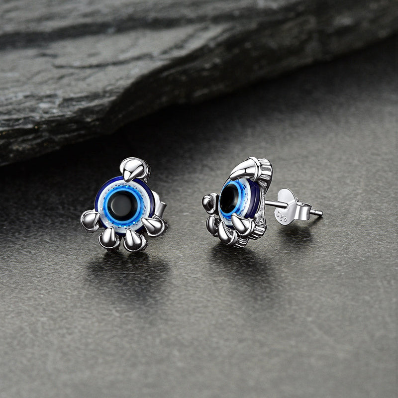 Sterling Silver Dragon Claw Evil Eye Stud Earrings for