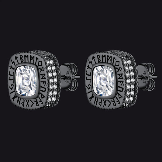 Cushion Cut Diamond Stud Earrings With Viking Runes in Sterling Silver