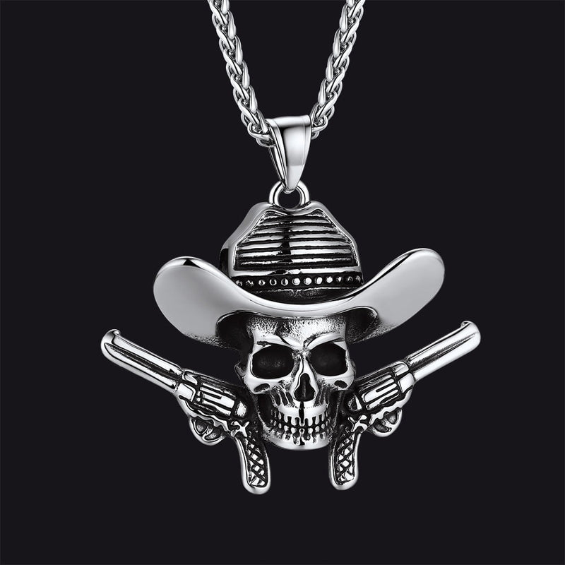 Gothic Cowboy Skull Pendant Necklace for