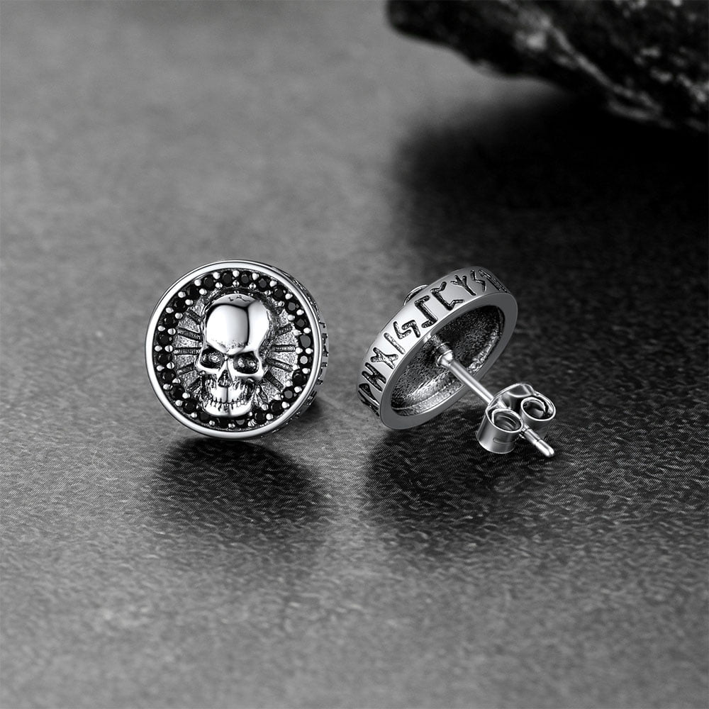 Skull Stud Earrings With Runes in Sterling Silver