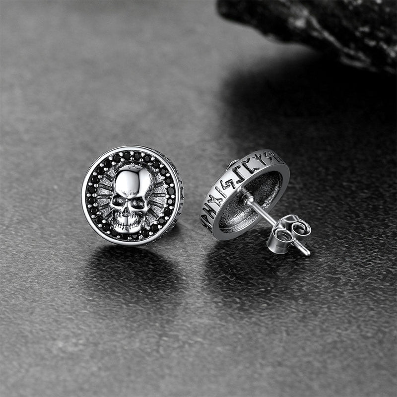 Skull Stud Earrings With Runes in Sterling Silver