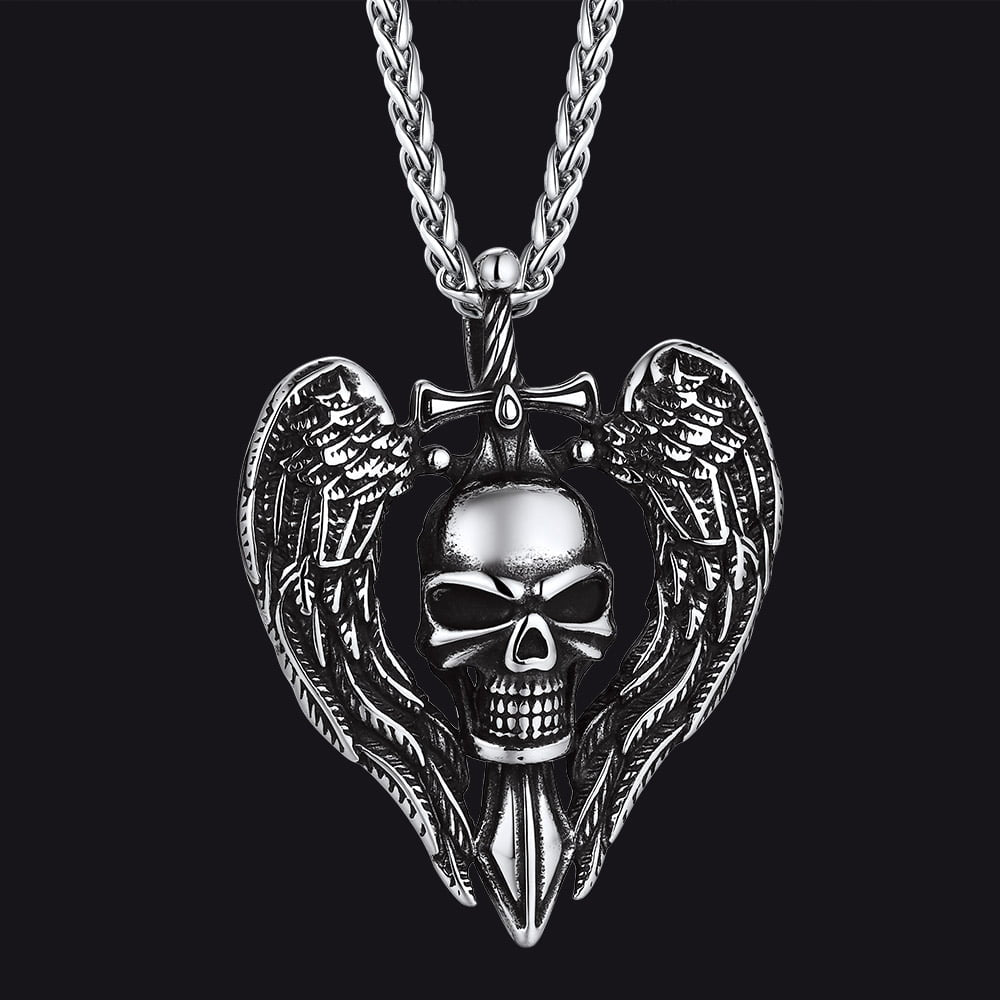 Gothic Sword Wings Skull Pendant Necklace for