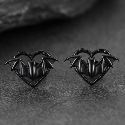 Halloween Bat Heart Stud Earrings for in Sterling Silver