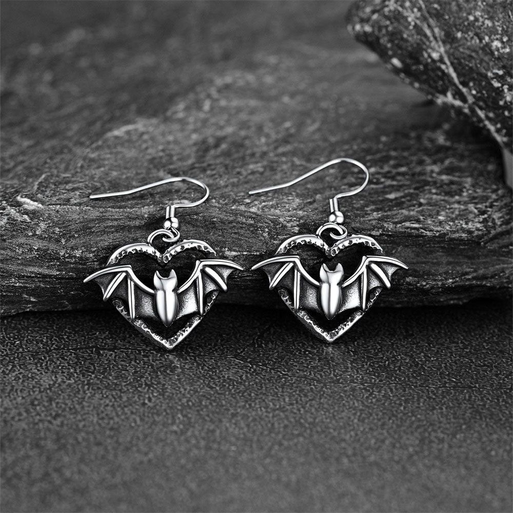 Gothic Bat Heart Dangle Earrings for Halloween Gift