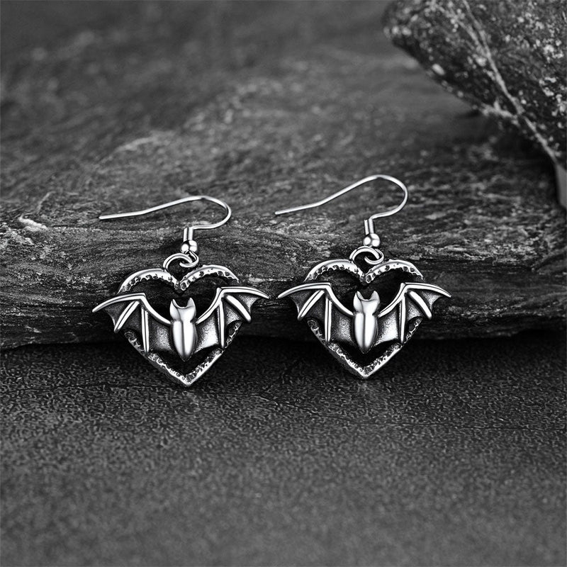Gothic Bat Heart Dangle Earrings for Halloween Gift