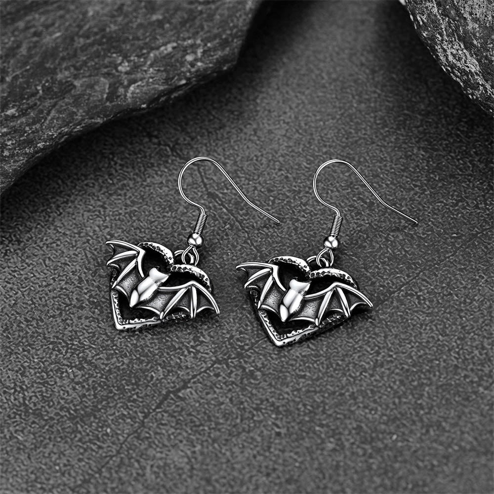 Gothic Bat Heart Dangle Earrings for Halloween Gift