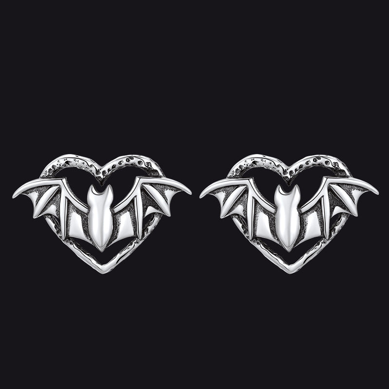 Halloween Bat Heart Stud Earrings for in Sterling Silver