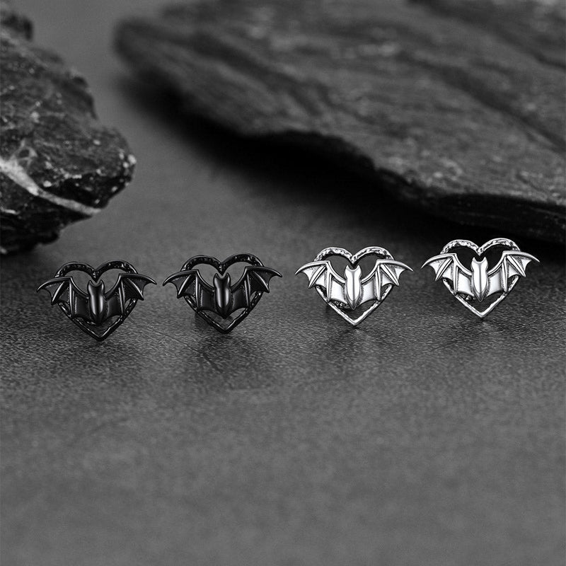 Halloween Bat Heart Stud Earrings for in Sterling Silver