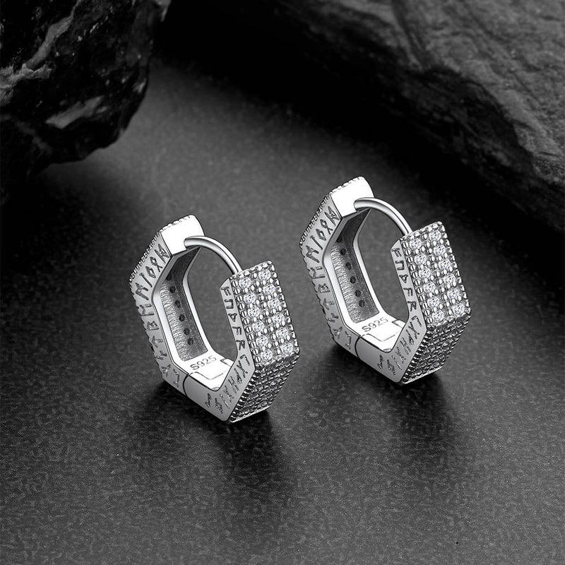 Hexagon Viking Diamond Hoop Earrings With Runes for