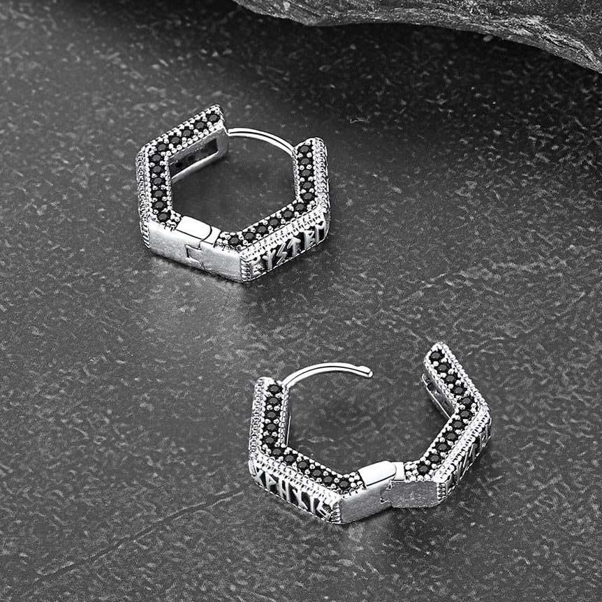 Viking Runes Hexagon Huggie Hoop Earrings for