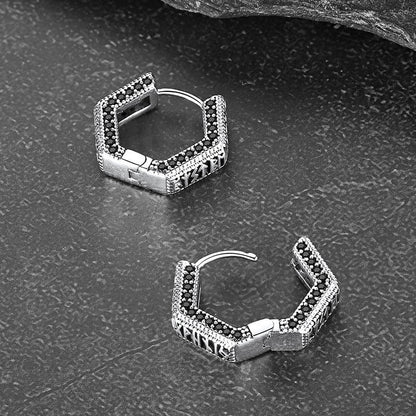 Viking Runes Hexagon Huggie Hoop Earrings for