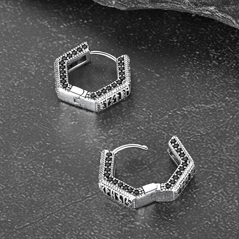 Viking Runes Hexagon Huggie Hoop Earrings for