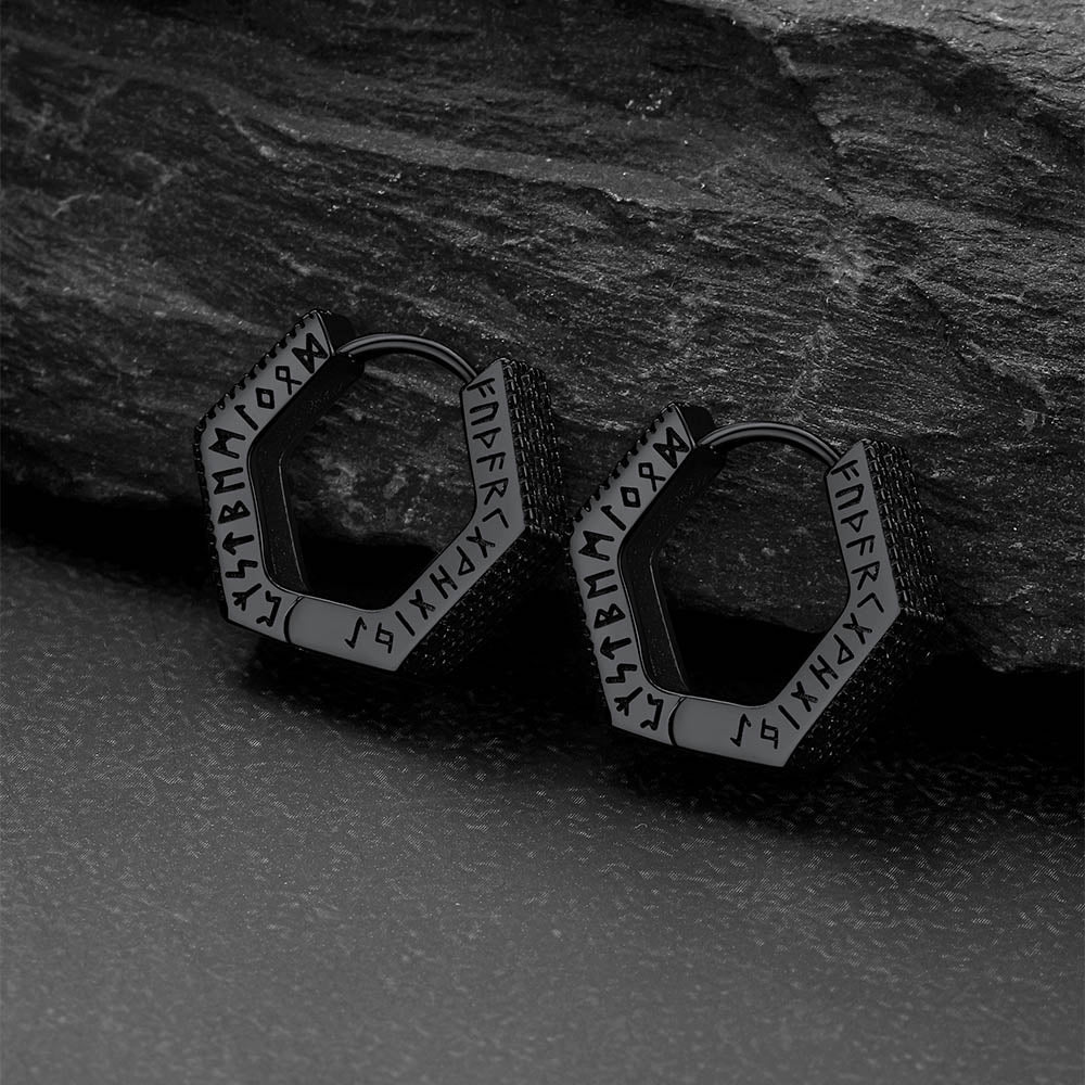 Hexagon Viking Diamond Hoop Earrings With Runes for