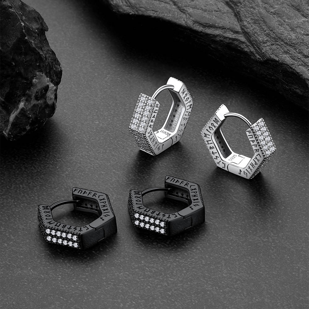Hexagon Viking Diamond Hoop Earrings With Runes for