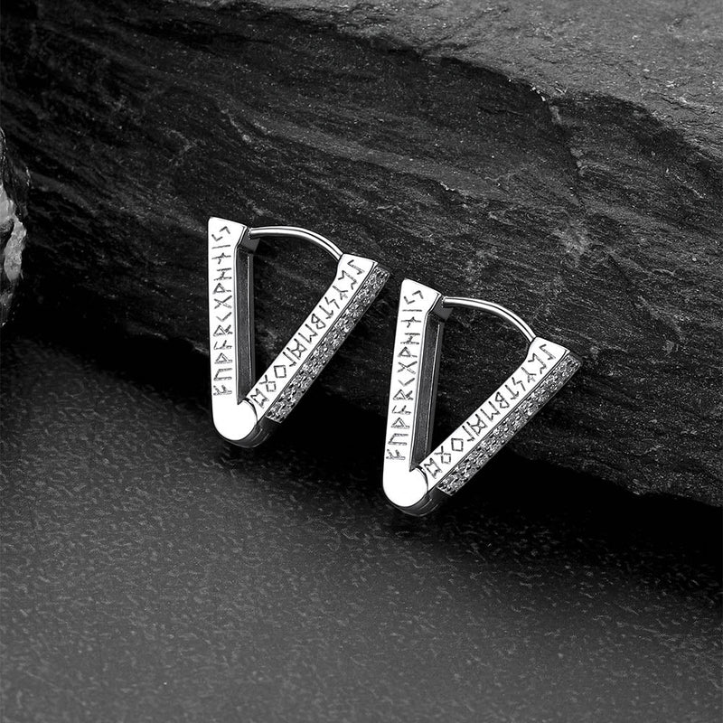 Cubic Zirconia Triangle Huggie Hoop Earrings With Viking Runes for