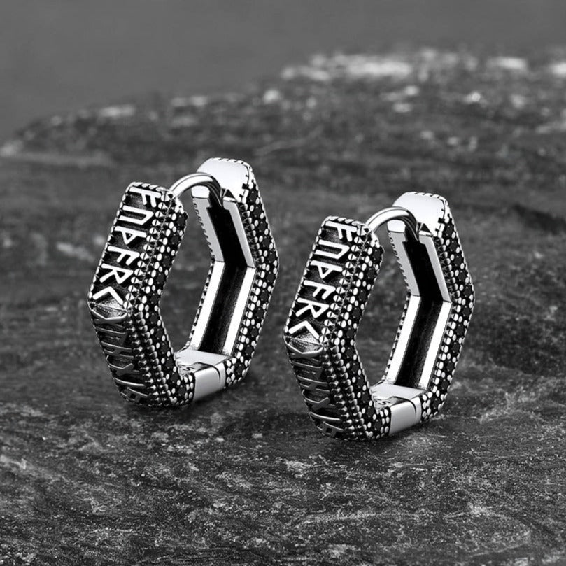 Viking Runes Hexagon Huggie Hoop Earrings for
