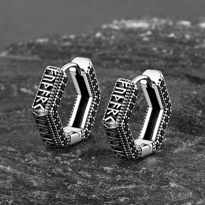 Viking Runes Hexagon Huggie Hoop Earrings for