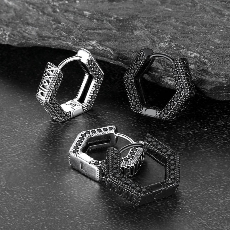 Viking Runes Hexagon Huggie Hoop Earrings for