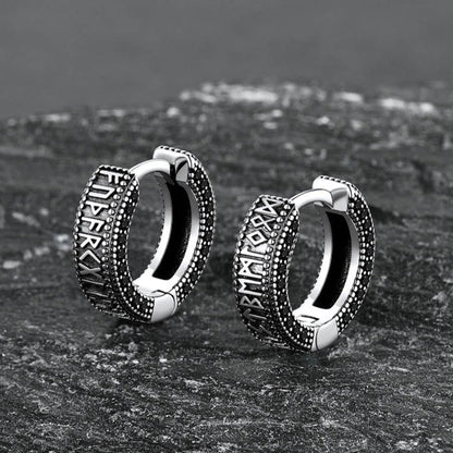 Sterling Silver Viking Runes Hoop Earrings With Black Zirconia for
