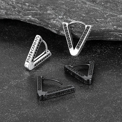 Sterling Silver Viking Triangle Huggie Hoop Earrings With Black Zirconia for