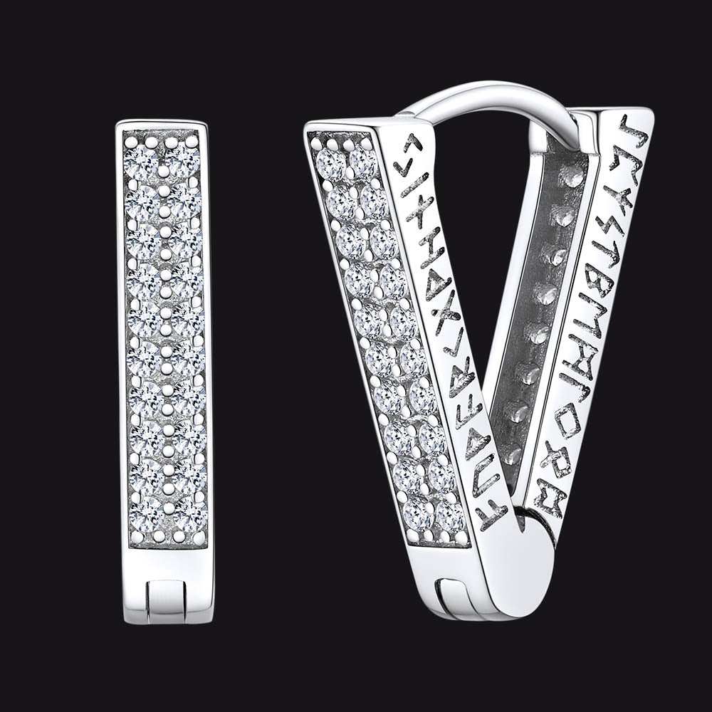 Cubic Zirconia Triangle Huggie Hoop Earrings With Viking Runes for
