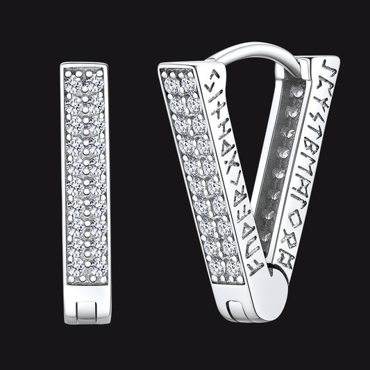 Cubic Zirconia Triangle Huggie Hoop Earrings With Viking Runes for