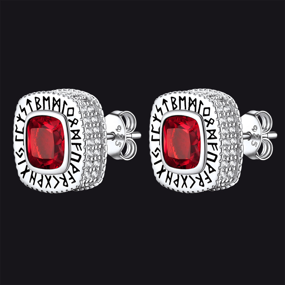 Cushion Cut Diamond Stud Earrings With Viking Runes in Sterling Silver