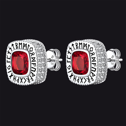Cushion Cut Diamond Stud Earrings With Viking Runes in Sterling Silver