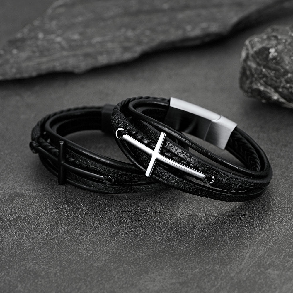 Viking Black Engraved Leather Braided Wristband Bracelet for