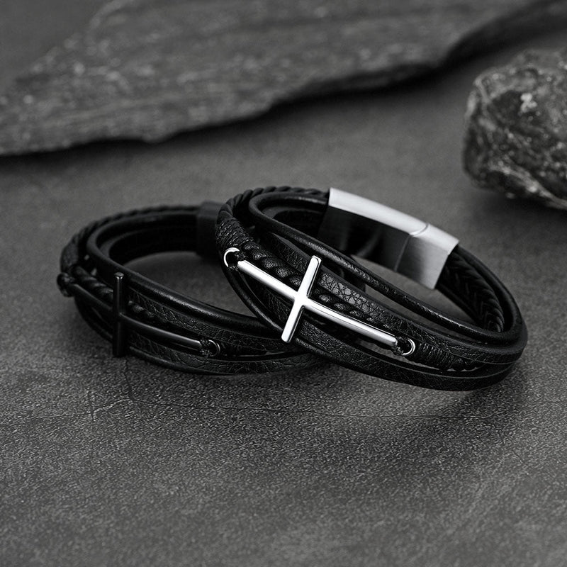 Viking Black Engraved Leather Braided Wristband Bracelet for
