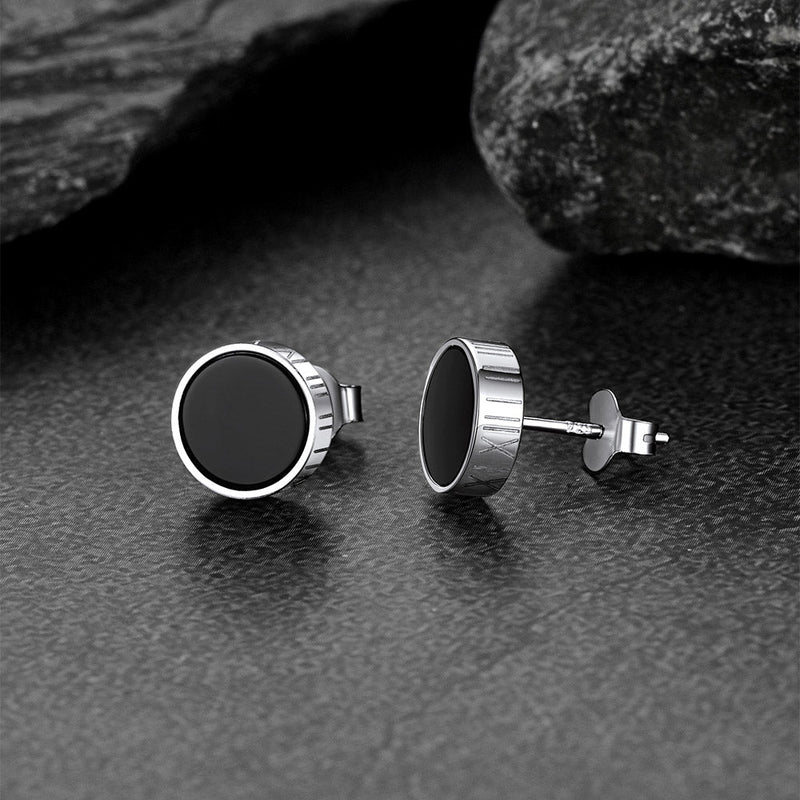 Roman Numerals Black Onyx Stud Earrings in Sterling Silver for