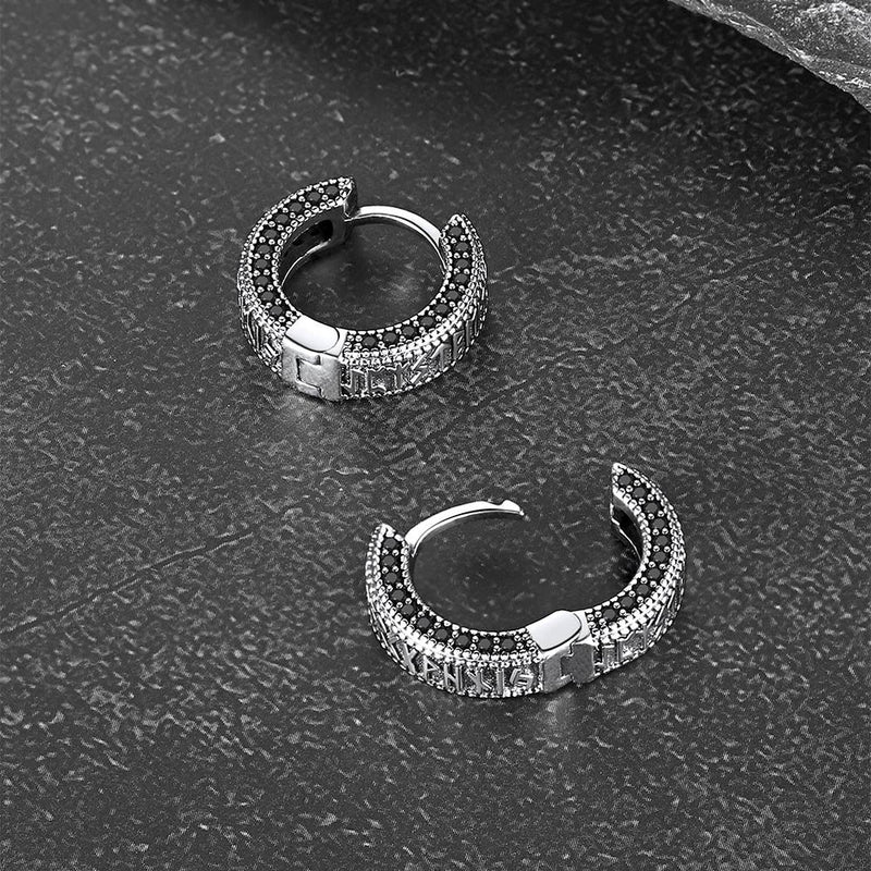 Sterling Silver Viking Runes Hoop Earrings With Black Zirconia for