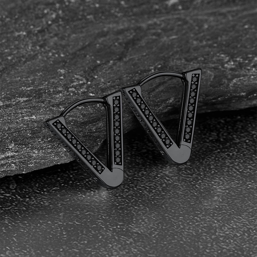 Sterling Silver Viking Triangle Huggie Hoop Earrings With Black Zirconia for