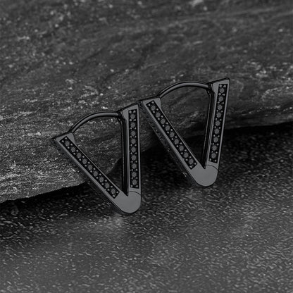 Sterling Silver Viking Triangle Huggie Hoop Earrings With Black Zirconia for