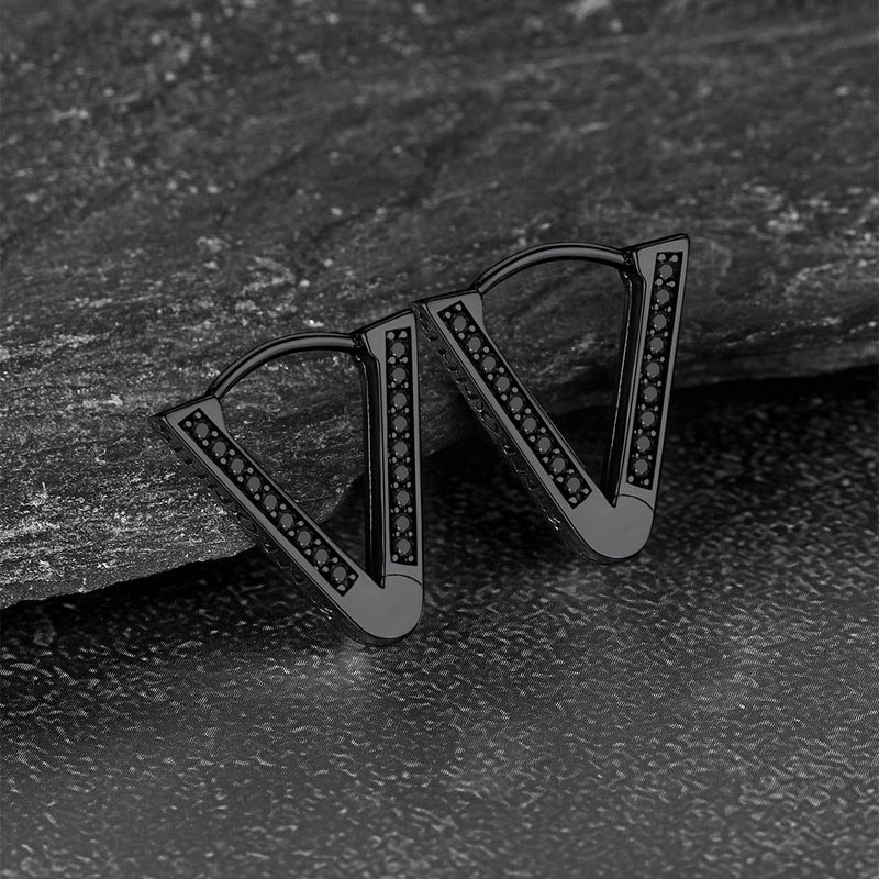 Sterling Silver Viking Triangle Huggie Hoop Earrings With Black Zirconia for