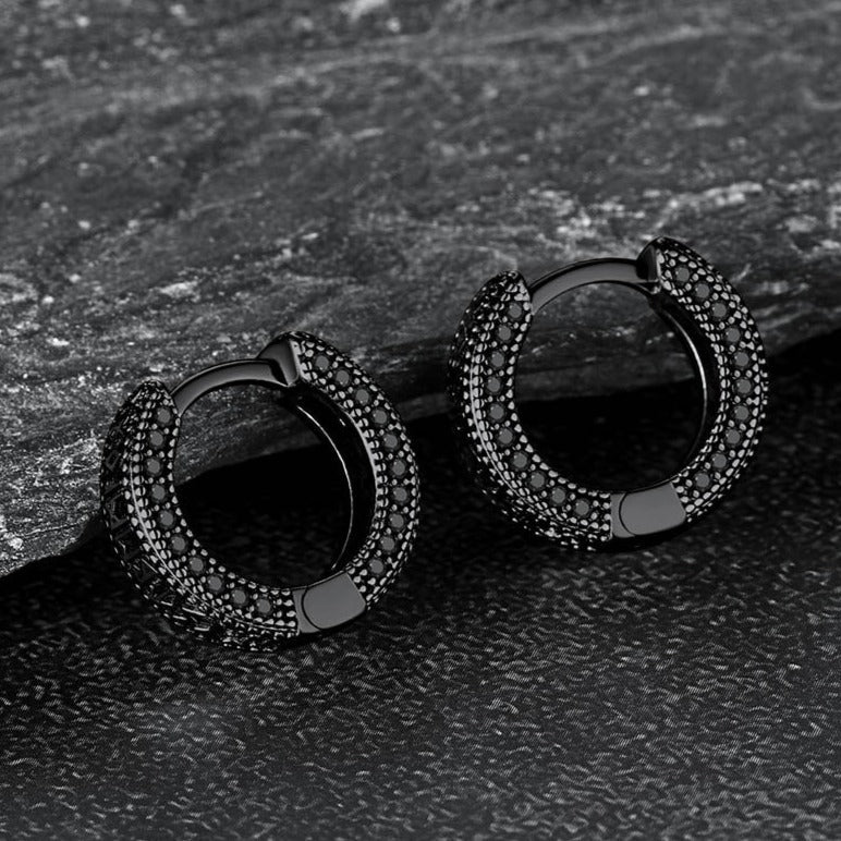 Sterling Silver Viking Runes Hoop Earrings With Black Zirconia for