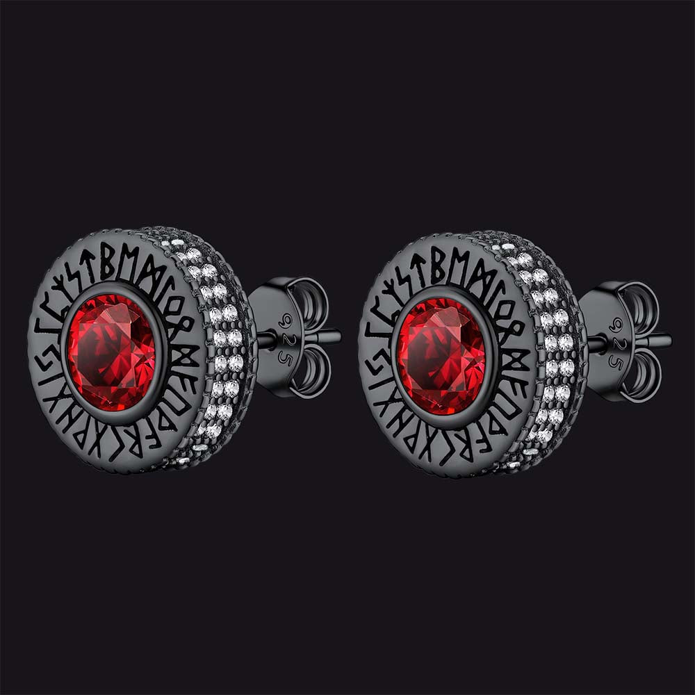Sterling Silver Viking Runes Gemstone Stud Earrings for
