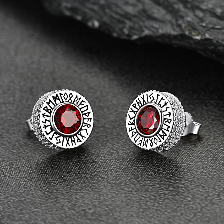 Sterling Silver Viking Runes Gemstone Stud Earrings for