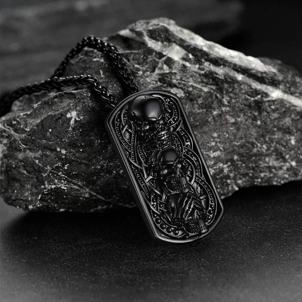 See No Evil, Hear No Evil, Speak No Evil Skulls Dog Tag Necklace for