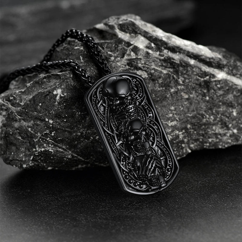 See No Evil, Hear No Evil, Speak No Evil Skulls Dog Tag Necklace for