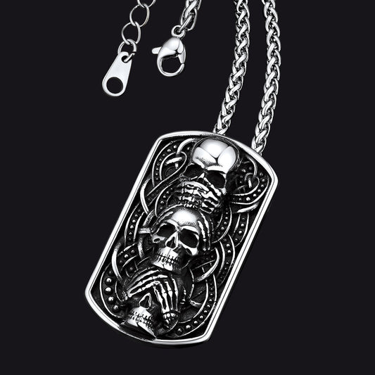See No Evil, Hear No Evil, Speak No Evil Skulls Dog Tag Necklace for