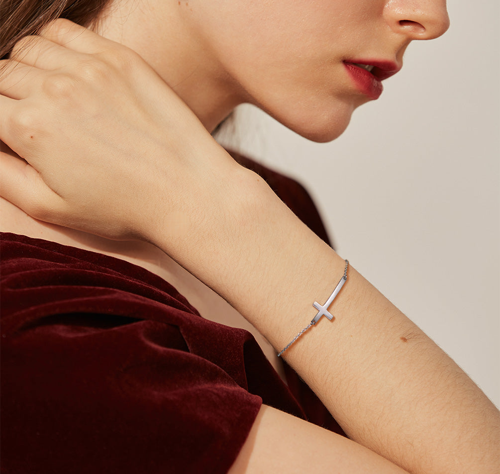 Sterling Silver Sideways Cross Bracelet for /