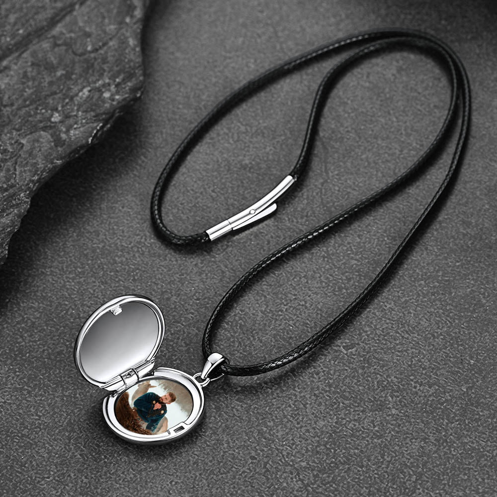 Personalized Viking Valknut Photo Locket Pendant With Leather Necklace